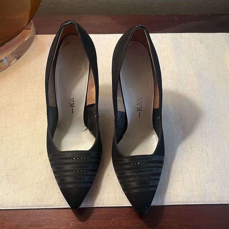 Vintage 50s Black Suede & Ribbon Kay King Stilettos    6.5B - product image  