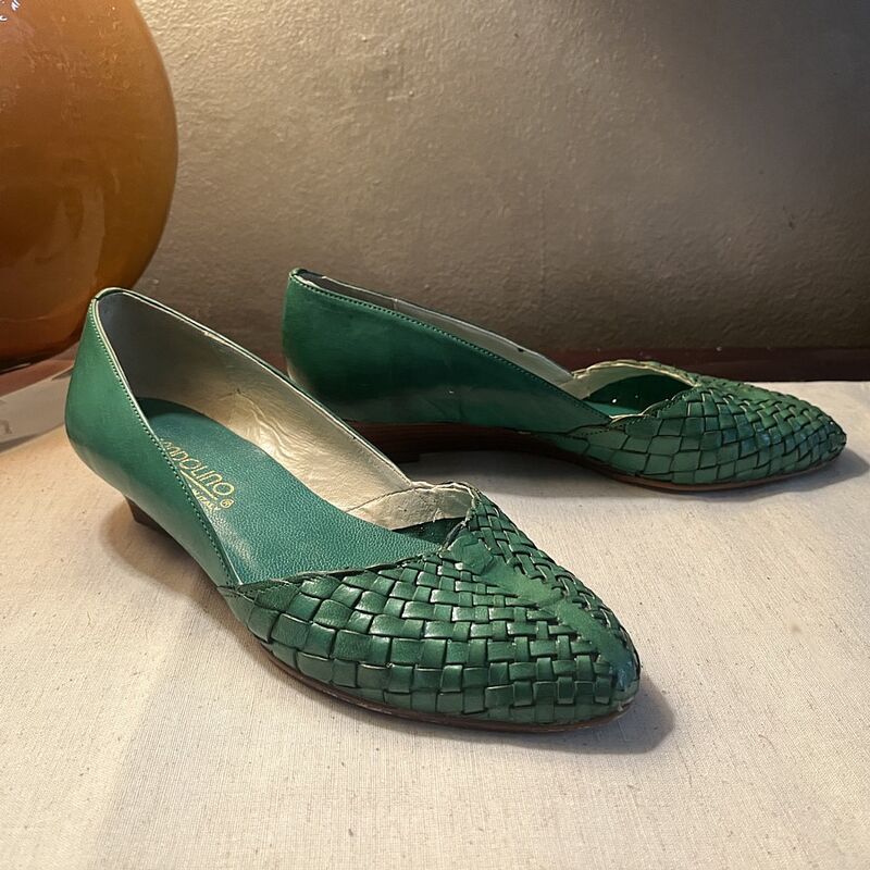 Vintage 80s BANDOLINO Green Woven Leather Wedge Heels   6M - product image  