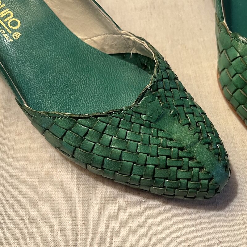 Vintage 80s BANDOLINO Green Woven Leather Wedge Heels   6M - product image  