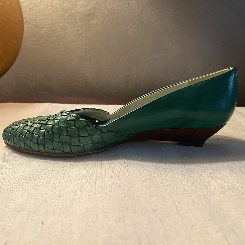 Vintage 80s BANDOLINO Green Woven Leather Wedge Heels   6M - product image  