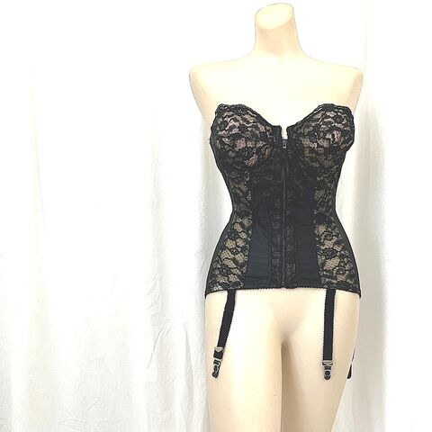 Vintage,60s,RONDEAU,by,LILYETTE,Guêpière,Corset,Bustier,Black,Garters,1960s, vintage, merry widow, bustier, corset, torsolette, Rondeau, Lilyette, black, bones, lace, powernet, garters, Pretty Sweet Vintage