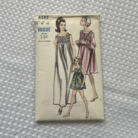 Vintage,1964,VOGUE,No.,6353,Pattern,Nightgown,&,Panties,Size,16,36B,vintage, 1960s, 1964, Vogue, 6353, nightgown, panties, size 16, uncut, factory folded, pattern, Pretty Sweet Vintage