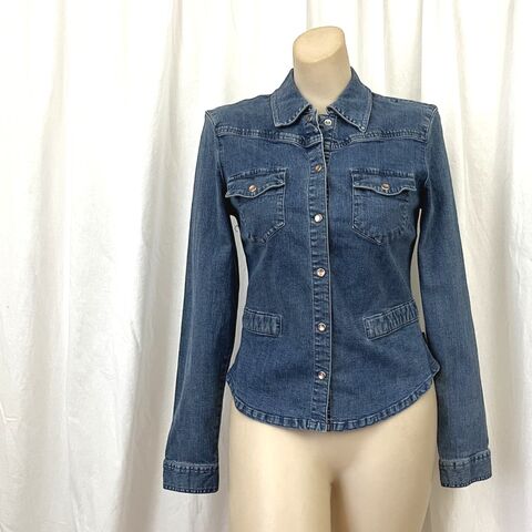 Vintage,90s,CALVIN,KLEIN,Denim,Jacket,Small,1990s, Y2k, Calvin Klein, denim, jeans, jacket, snaps, belt, fall, spring, tailored, pockets, pearl snaps