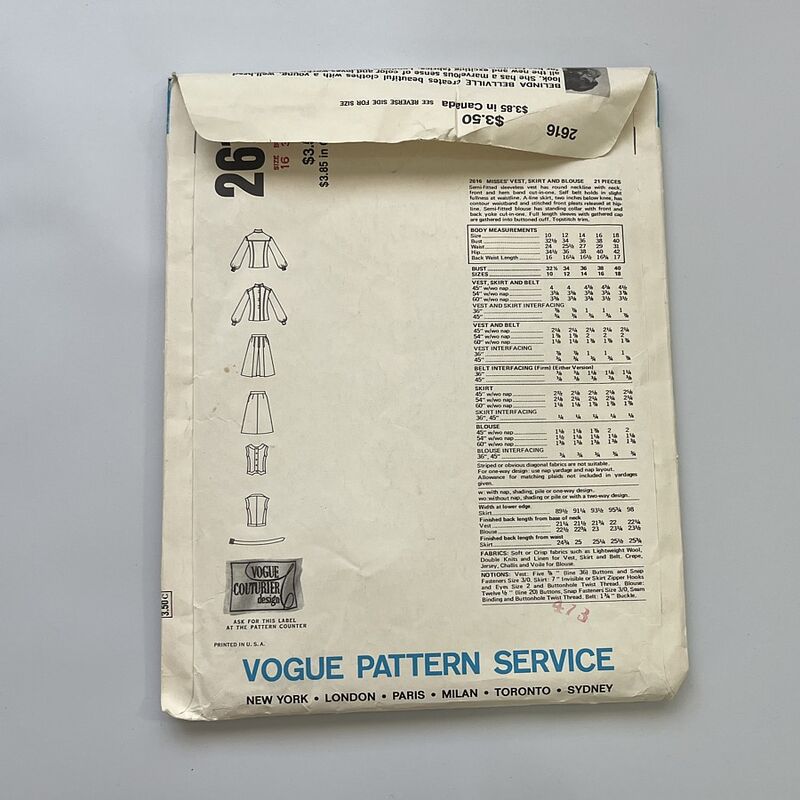 1971 70s Vintage VOGUE PATTERN NO. 2616 BELINDA BELLVILLE Vest, Skirt & Blouse  38B - product image  