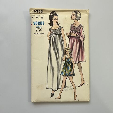 Vintage,1964,VOGUE,No.,6353,Nightgown,&,Panties,Size,16,36B,vintage, 1960s, 1964, Vogue, 6353, nightgown, panties, size 16, uncut, factory folded, Pretty Sweet Vintage