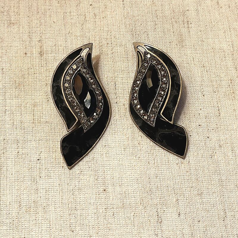 Vintage DECO Curves Pierced Earrings Rhinestones - product image  