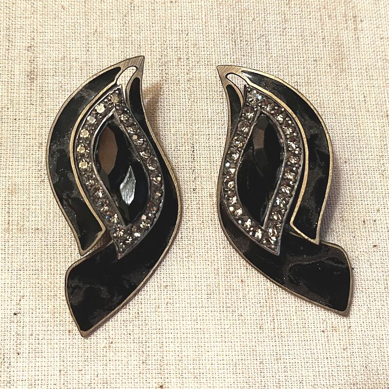Vintage DECO Curves Pierced Earrings Rhinestones - product image  