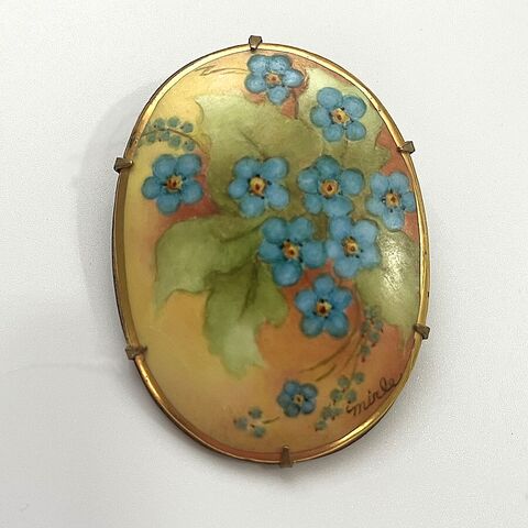 Victorian,Antique,Hand,Painted,Flowers,Porcelain,Brooch,Large, vintage, antique, brooch, pin, forget-me-nots, floral, flowers, hand-painted, porcelain, large, signed