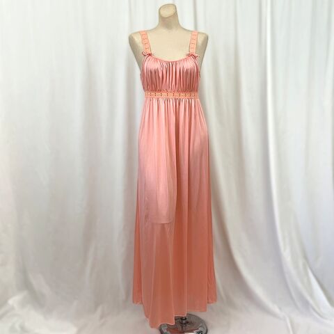 Vintage,70s,VAN,RAALTE,Glossy,Peach,Long,Nightgown,Medium,1970s, vintage, Van Raalte, nightgown, peach, stretch, long, sheer, nylon, empire waist, glossy, lingerie, Pretty Sweet Vintage
