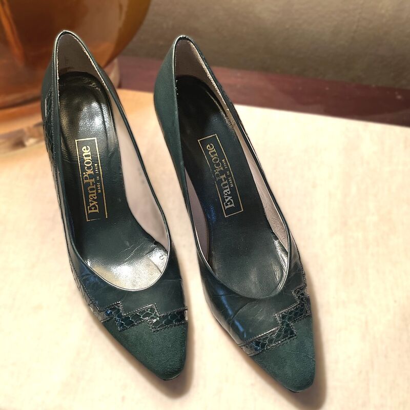 80s Vintage EVAN-PICONE Green Snake & Suede High Heels 8.5M - product image  
