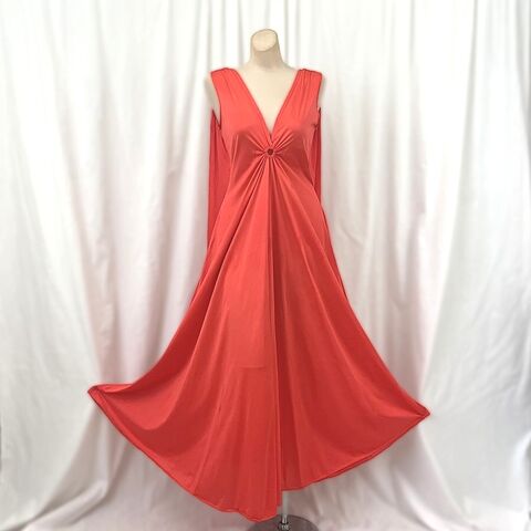 70s,Vintage,Fiery,Regal,Long,Nightgown,Medium,1970s. vintage, nightgown, long, orange, red, orange-red, fiery, nylon, queen, regal, cape, Pretty Sweet Vintage