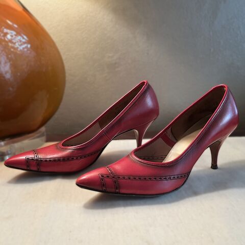Vintage,60s,Red,&,Black,Corelli,Leather,High,Heel,Shoes,7N,1960s, vintage, shoes, high heels, Corelli, red, black, stitching, Mad Men, chic, career, pointy, Pretty Sweet Vintage