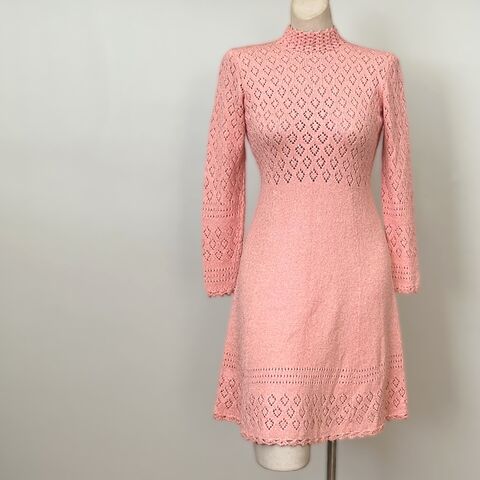 Vintage,60s,Diamond,Peach,Sweater,Dress,1960s, dress, vintage, crochet, knit, peach, diamond, sweater, high collar, long sleeves, winter, Pretty Sweet Vintage