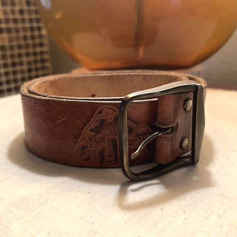 70s Vintage LEATHER EMBOSSED MUSHROOM BELT   S/M - product image  