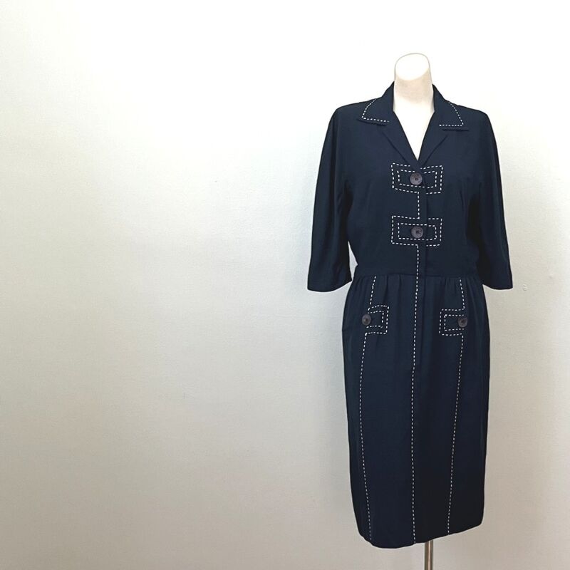 Vintage 50s Navy Silk Carlye Day Dress    40b/30w   Vintage - product image  