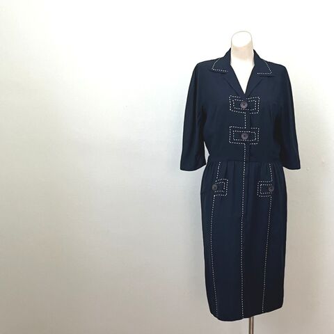 Vintage,50s,Navy,Silk,Carlye,Day,Dress,40b/30w,1950s, retro, vintage, day dress, dress, career, Carlye, silk, navy, navy blue, stitching, big buttons, Pretty Sweet Vintage