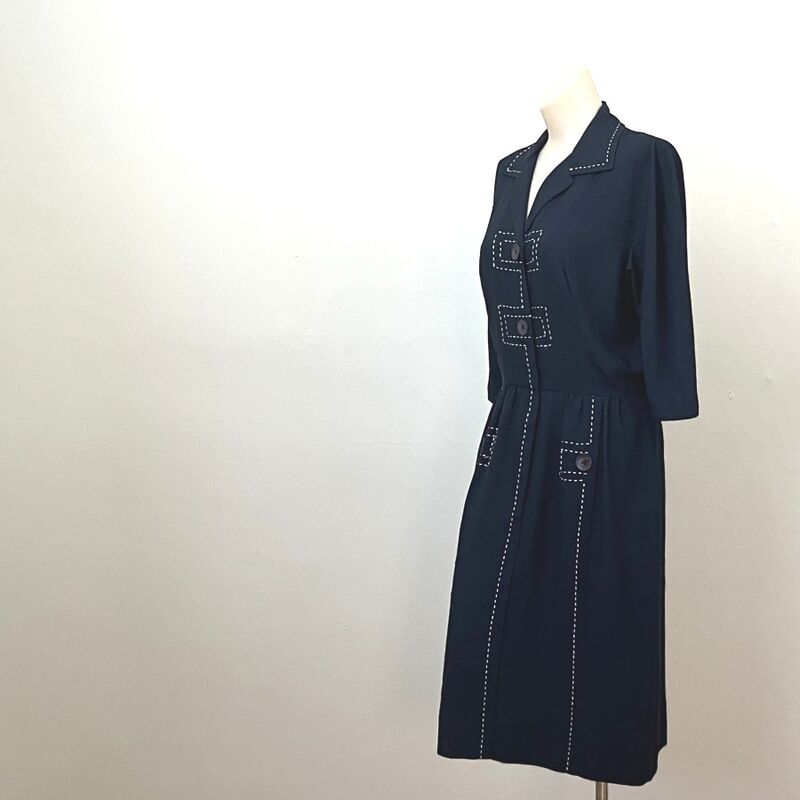 Vintage 50s Navy Silk Carlye Day Dress    40b/30w   Vintage - product image  