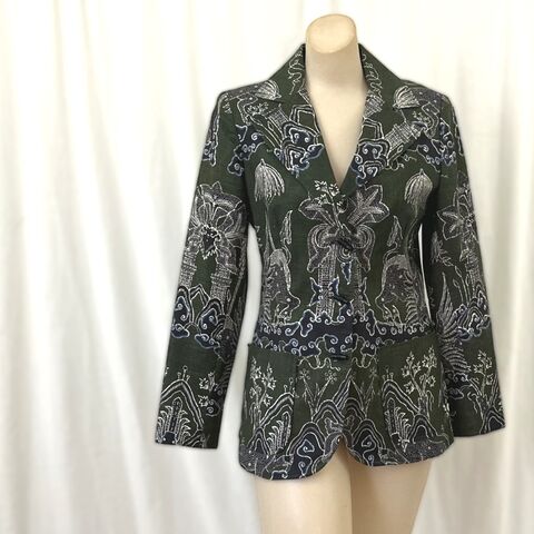 70s,Vintage,GAYLE,KIRKPATRICK,for,TUDOR,SQUARE,Blazer,Jacket,S/M,1970s, vintage, blazer, jacket, Gayle Kirkpatrick, Tudor Square, NWOT, olive green, novelty print, elephants, dragons, Asian, Pretty Sweet Vintage
