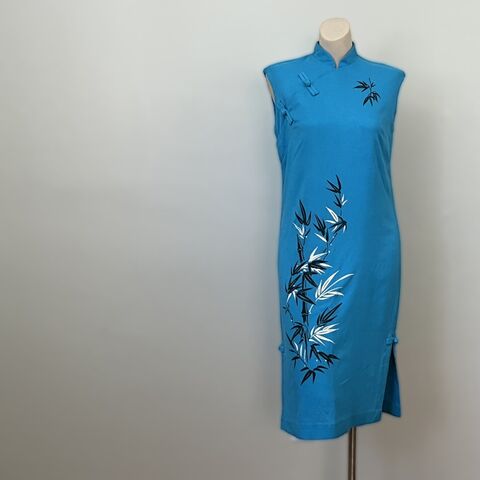 60s,Painted,Bamboo,Sheath,Dress,Vintage,Medium,1960s, vintage, dress, short, Hawaiian, Reef, Hawaii, linen, turquoise, hand painted, silkscreen, asian, sheath, queensofbohemia