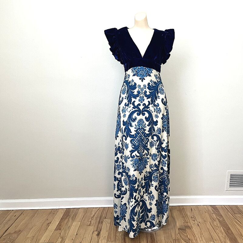 70s Vintage BLUE VELVET Maxi Dress Empire Open Back  Small - product image  