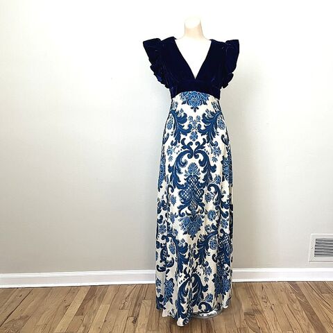 70s,Vintage,BLUE,VELVET,Maxi,Dress,Empire,Open,Back,Small,vintage, 1970s, 1960s, dress, maxi dress, blue, blue velvet, empire waist, fashion, floral print, open back, Pretty Sweet Vintage