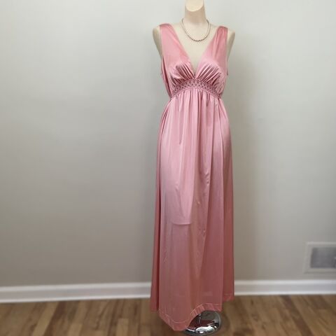 70s,Vintage,VANITY,FAIR,Glossy,Pink,Empire,Long,Nightgown,Medium,1970s, vintage, Vanity Fair, lingerie, gown, nightgown, pink, salmon, long, a-line, nylon, empire, Pretty Sweet Vintage