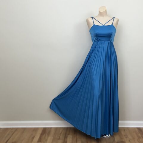 70s,80s,Vintage,Azure,Blue,Pleated,Long,Party,Dress,XXS,1970s, 1980s, vintage, dress, long, gown, azure, blue, pleats, full, party, dance, xxs