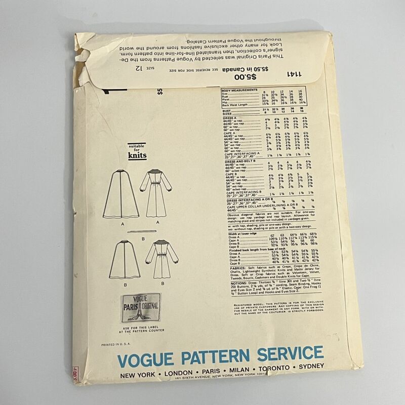 70s Vintage Vogue Pattern 1141 Givenchy Dress & Cape  Small - product image  