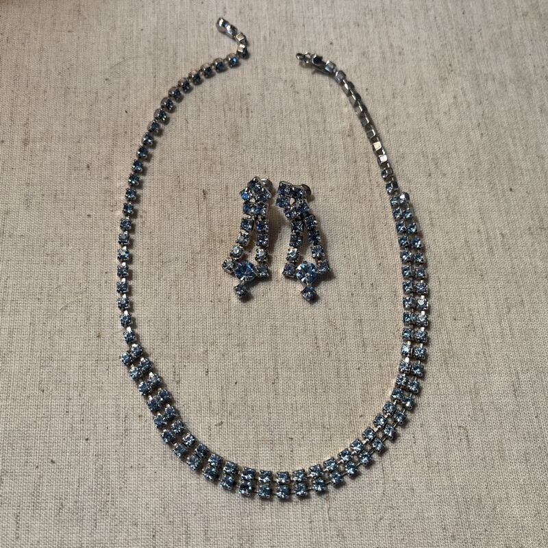 50s Lady Blue Rhinestone Choker and Earrings Vintage - product image  