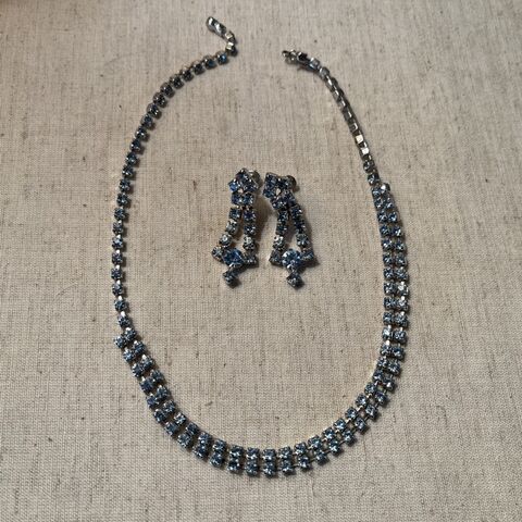 50s,Lady,Blue,Rhinestone,Choker,and,Earrings,Vintage,1950s, vintage, rhinestone, choker, necklace, blue, silver, prom, party, prong-set, gift, Pretty Sweet Vintage
