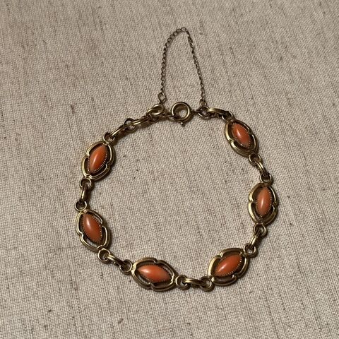 Vintage,Lovely,Coral,and,Gold,Bracelet,12k,Filled,antique, vintage, bracelet, 12k gf, gold filled, art nouveau, coral, cabochons, links, dainty, jewelry
