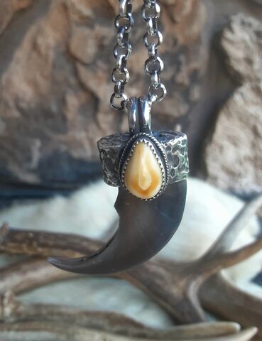 Black,Bear,claw,and,Elk,Ivory,pendant,necklace,bear claw jewelry, talismans,  elk ivory, black bear necklace, 