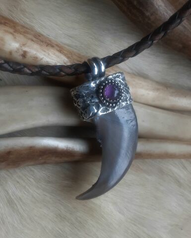 Bear,claw,and,Amethyst,pendant,choker,Bear Country Studio, bear claw, Amethyst, purple stone, birthstone, sterling silver, handmade, protection, talisman, metaphysical, boho, wiccan, hunters jewelry, shaman, hippie, woodsman, huntress  