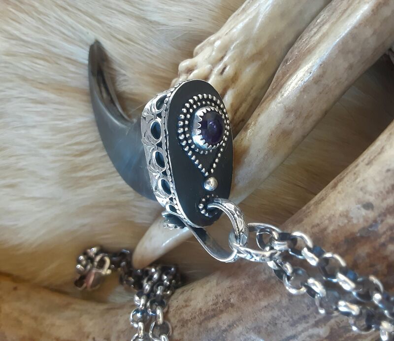 Genuine black bear claw set in a sterling silver cap  and purple Amethyst pendant necklace - product images  of 