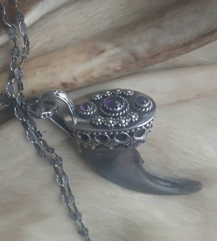 Genuine black bear claw set in a sterling silver cap  and purple Amethyst pendant necklace - product images  of 