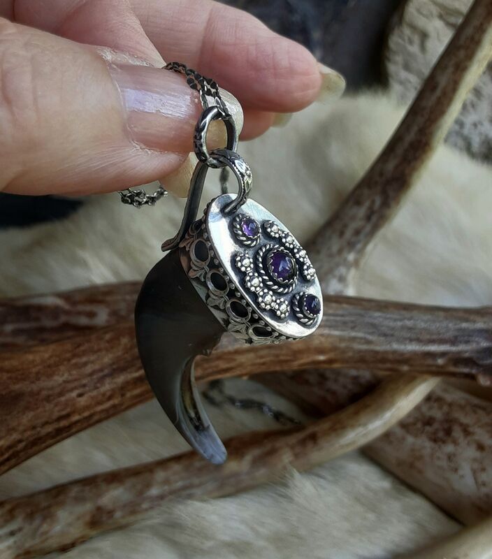 Genuine black bear claw set in a sterling silver cap  and purple Amethyst pendant necklace - product images  of 