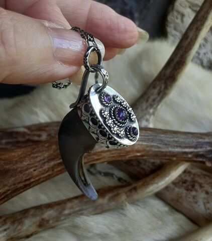 Genuine,black,bear,claw,set,in,a,sterling,silver,cap,and,purple,Amethyst,pendant,necklace,Bear Country Studio, black bear claw, claw necklace, talisman, pagan, hunters jewelry, huntress jewelry, purple stone, amethyst, custom made, victorian  