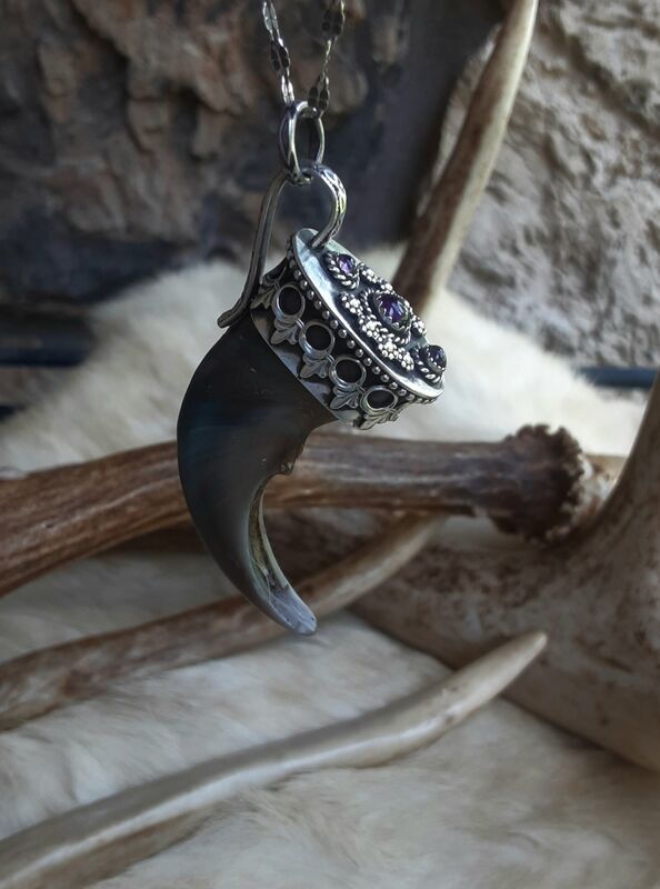 Genuine black bear claw set in a sterling silver cap  and purple Amethyst pendant necklace - product images  of 