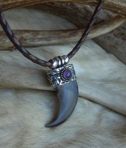 Bear,claw,and,Amethyst,pendant,choker,Bear Country Studio, bear claw, Amethyst, purple stone, birthstone, sterling silver, handmade, protection, talisman, metaphysical, boho, wiccan, hunters jewelry, shaman, hippie, woodsman, huntress  