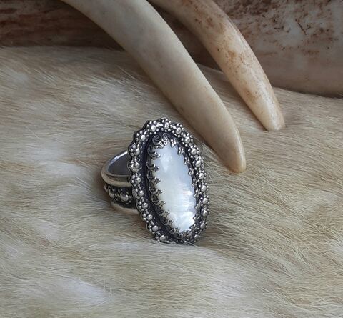 sterling,silver,and,mother,of,pearl,flower,ring,sterling silver ring, flower ring, black stone ring, handmade rings, statement ring, butterfly ring, onyx stone, oval stone ring, floral ring, handmade, one of a kind, sterling silver
