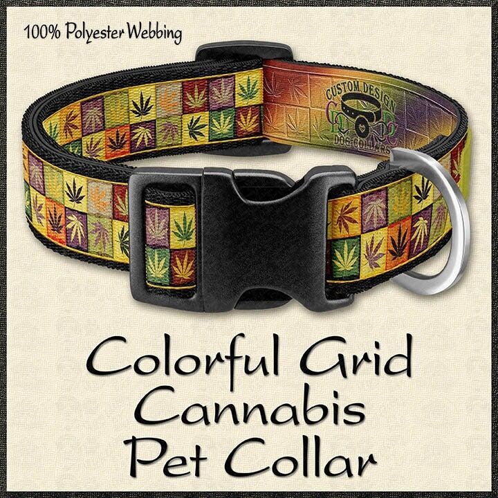 Weed Pot Cannabis Ganja Colorful Grid Leaf Pet Collar - product image  