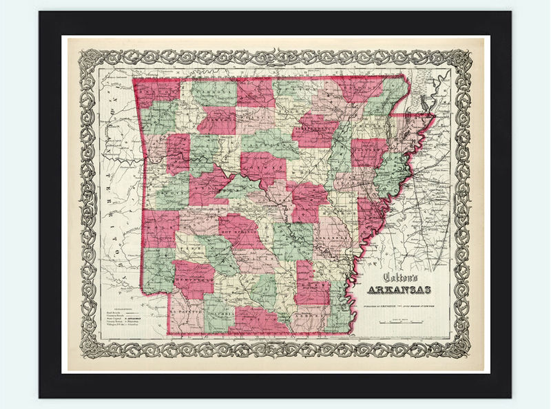 Old Map Arkansas State 1865 Vintage - Arkansas 1865 16 20 FRAME Grande