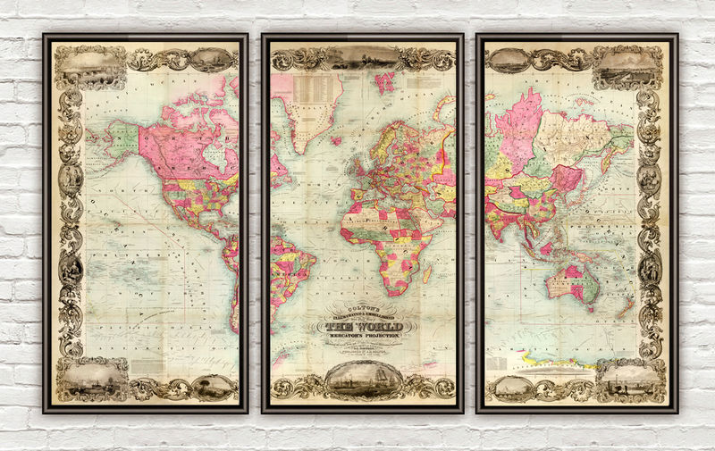 Old World Map Vintage Atlas 1854 - World Map 1854 3 Pieces Frame Grande