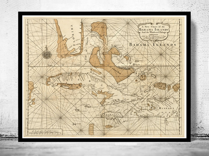 Old Map of Bahamas Bahama Islands - Bahamas 1737 Frame Grande 
