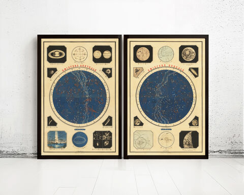 Antique,Celestial,Map,Emisfero,Australe,Boreale,1861,|,Wall,Art,Planisphere,Celeste,Home,Decor,astronomic map, celestial map, antique solar system, vintage poster celestial