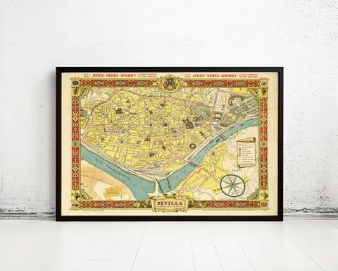 Old,Map,of,Seville,Sevilla,Spain,1950,Vintage,Wall,Print,seville, sevilla, map, gravure, old map, old map of sevilla, seville spain