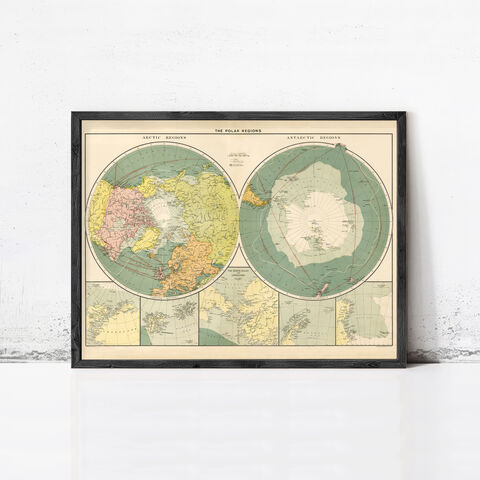 Old,Map,of,Polar,Regions,1915,Vintage,Antarctica,and,North,Pole,antarctica, antarctica poster, antarctica map, map of antarctica, antartida, antique antarctica