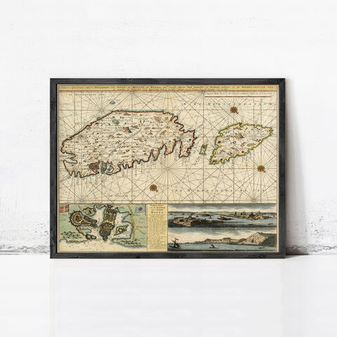 Old,Map,of,Malta,Island,1734,Vintage,Wall,Print,malta poster, malta medieval, Art,Reproduction,Open_Edition,vintage,medieval,gravure,vintage_map,illustration,city_plan,old_map,vintage_poster,engraving,valleta,valeta,malta,island