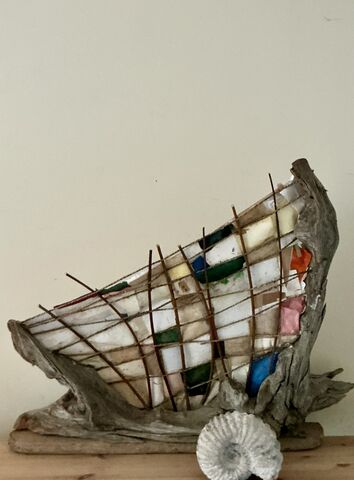 Fish,Trap,Sculpture,Coastal style, driftwood, reclaimed wood, handmade paper, coastal art, mementos from the shore