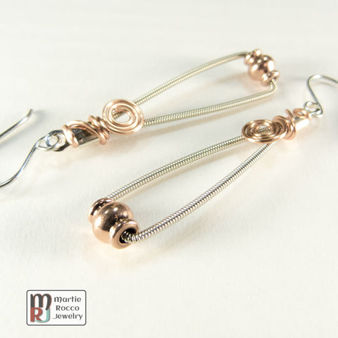 Guitar String Earrings With Amethyst Bead Drop And Wire Spiral Guitar String Earrings Tze Style With Copper Bead